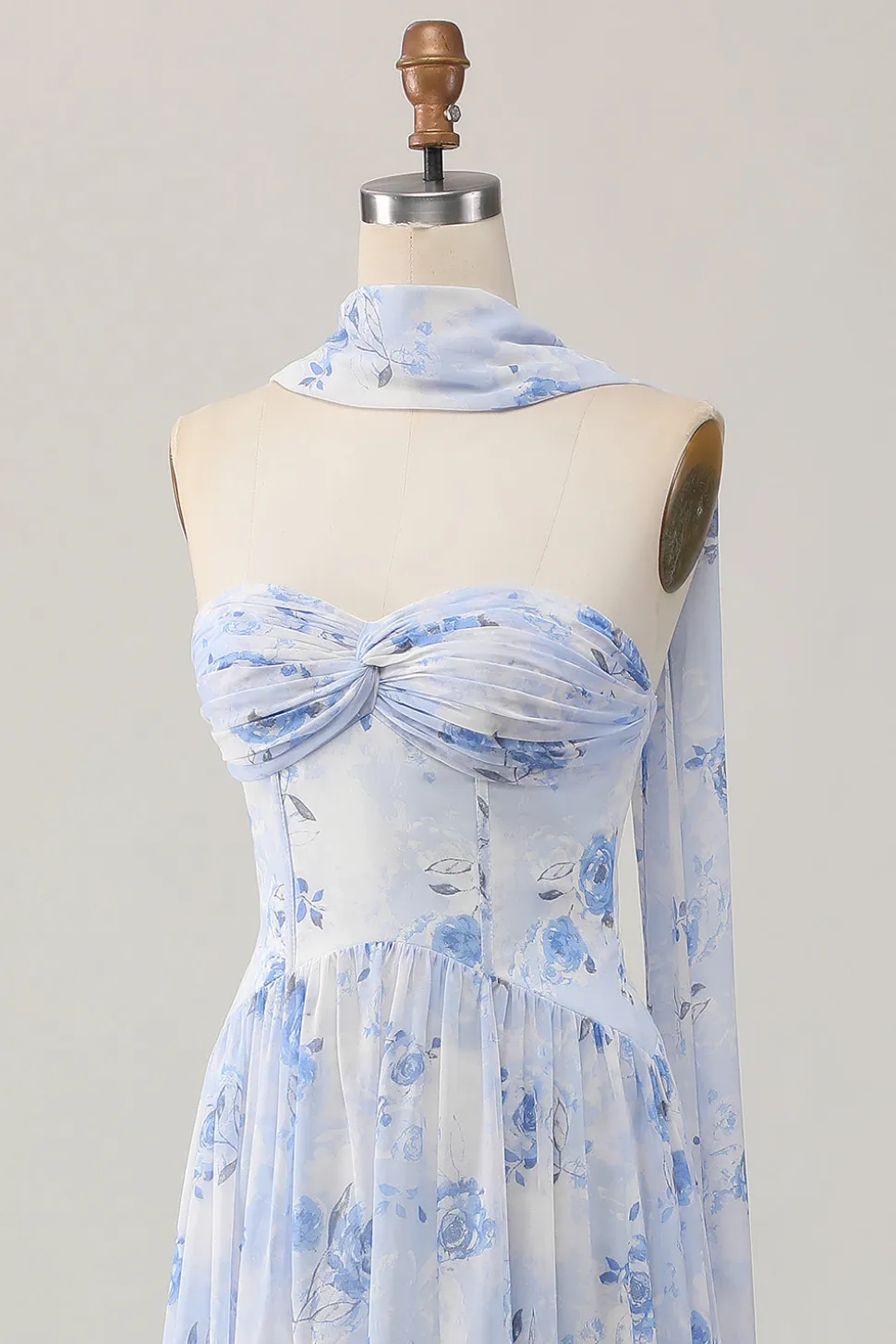 Strapless Blue Flower A-Line Vestido de Noiva Estampado com Fenda