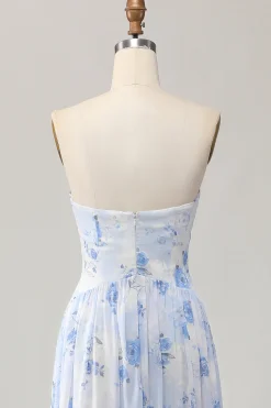 Strapless Blue Flower A-Line Vestido de Noiva Estampado com Fenda