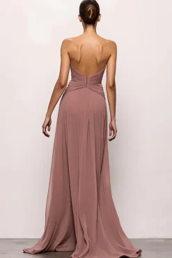 Strapless Blush Backless Ruched longo vestido de noite com fenda
