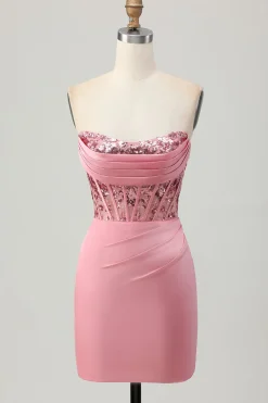 Strapless Blush Corset Sequins Bodycon Homecoming Vestido