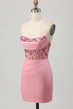 Strapless Blush Corset Sequins Bodycon Homecoming Vestido