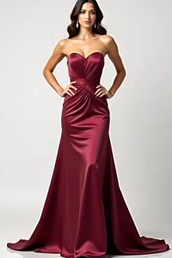 Strapless Borgonha Sereia Cetim Vestido Formal plissado