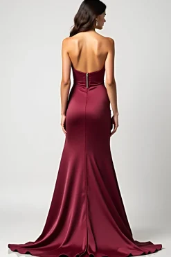 Strapless Borgonha Sereia Cetim Vestido Formal plissado