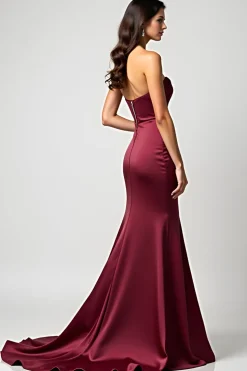 Strapless Borgonha Sereia Cetim Vestido Formal plissado