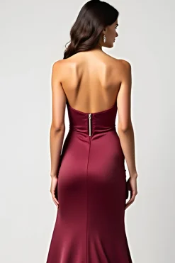Strapless Borgonha Sereia Cetim Vestido Formal plissado