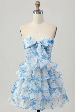 Strapless branco azul flor A-line tiered curto Homecoming Dress com arco
