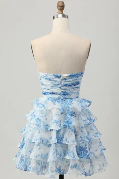 Strapless branco azul flor A-line tiered curto Homecoming Dress com arco