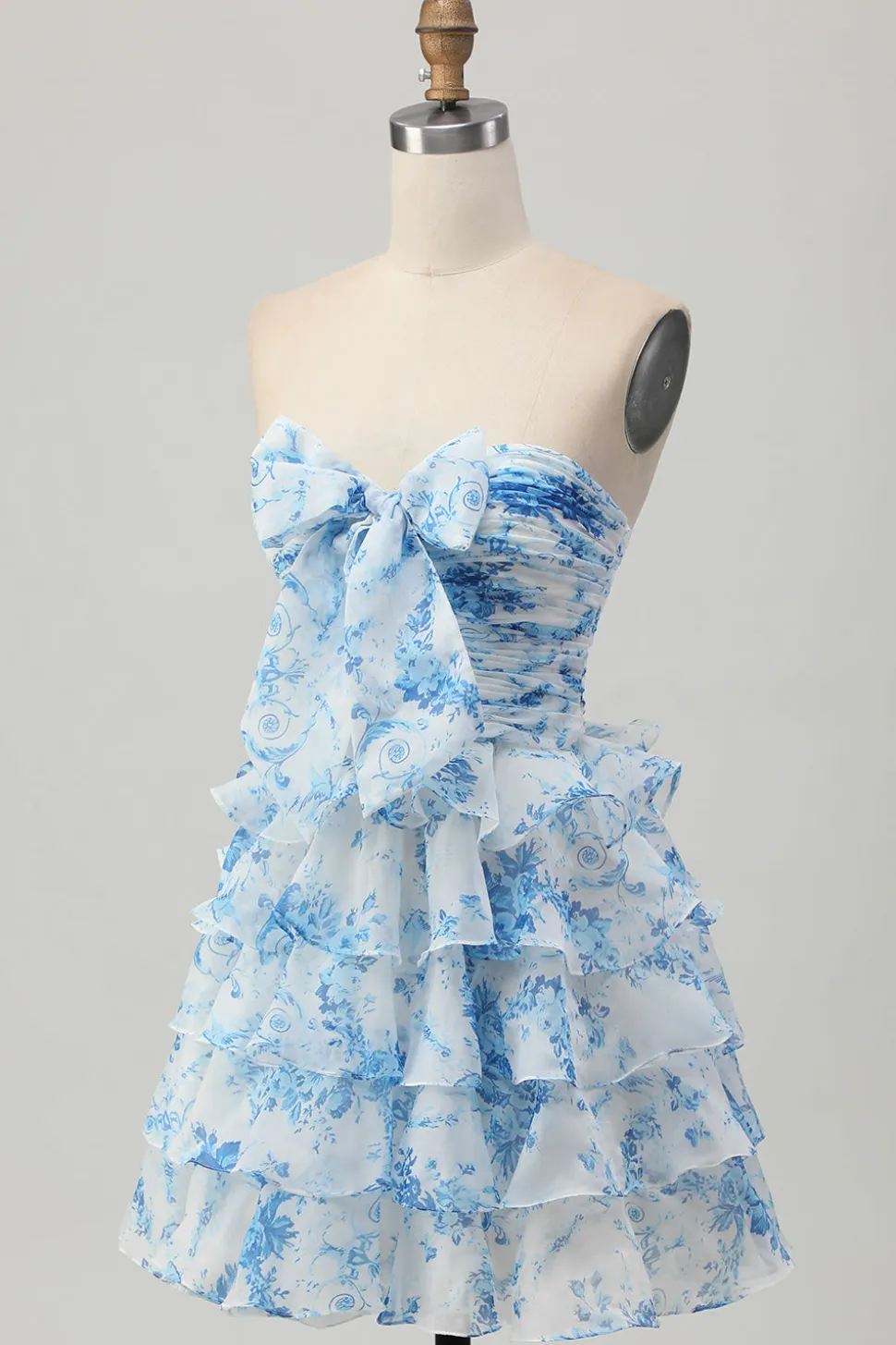 Strapless branco azul flor A-line tiered curto Homecoming Dress com arco