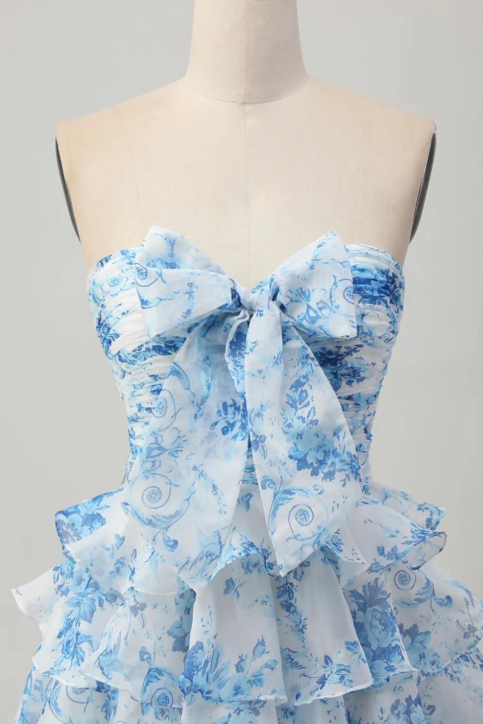 Strapless branco azul flor A-line tiered curto Homecoming Dress com arco