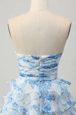Strapless branco azul flor A-line tiered curto Homecoming Dress com arco
