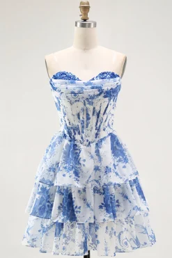 Strapless branco azul flor espartilho A-Line Tiered Ruffle Homecoming Dress