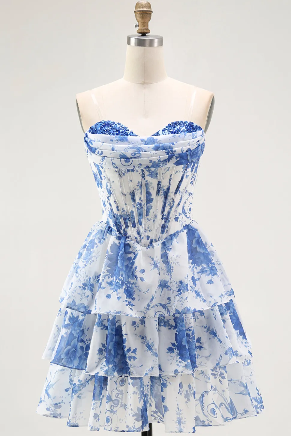 Strapless branco azul flor espartilho A-Line Tiered Ruffle Homecoming Dress