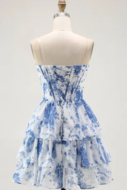 Strapless branco azul flor espartilho A-Line Tiered Ruffle Homecoming Dress