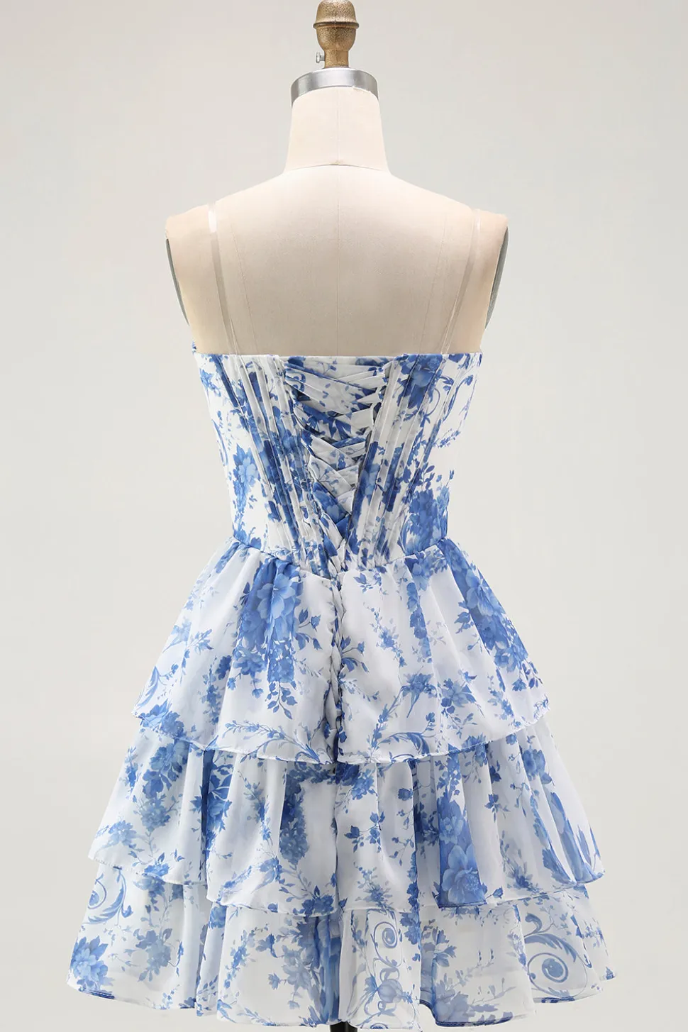 Strapless branco azul flor espartilho A-Line Tiered Ruffle Homecoming Dress