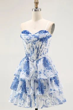 Strapless branco azul flor espartilho A-Line Tiered Ruffle Homecoming Dress