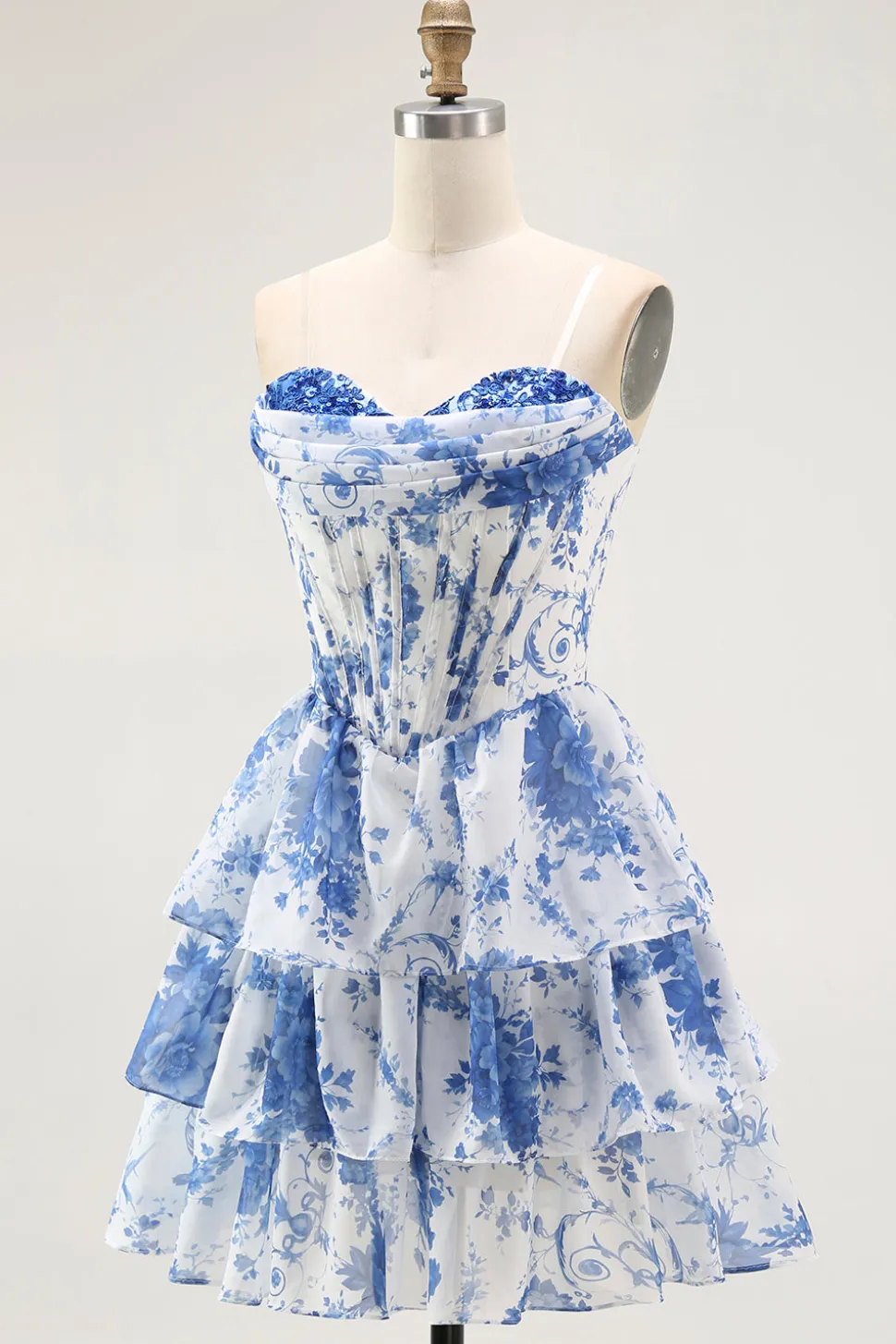 Strapless branco azul flor espartilho A-Line Tiered Ruffle Homecoming Dress