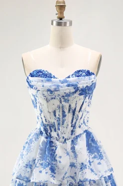 Strapless branco azul flor espartilho A-Line Tiered Ruffle Homecoming Dress