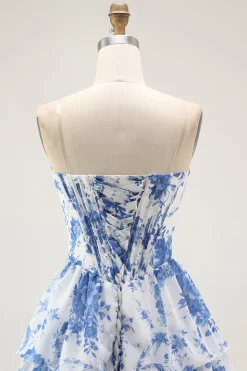 Strapless branco azul flor espartilho A-Line Tiered Ruffle Homecoming Dress