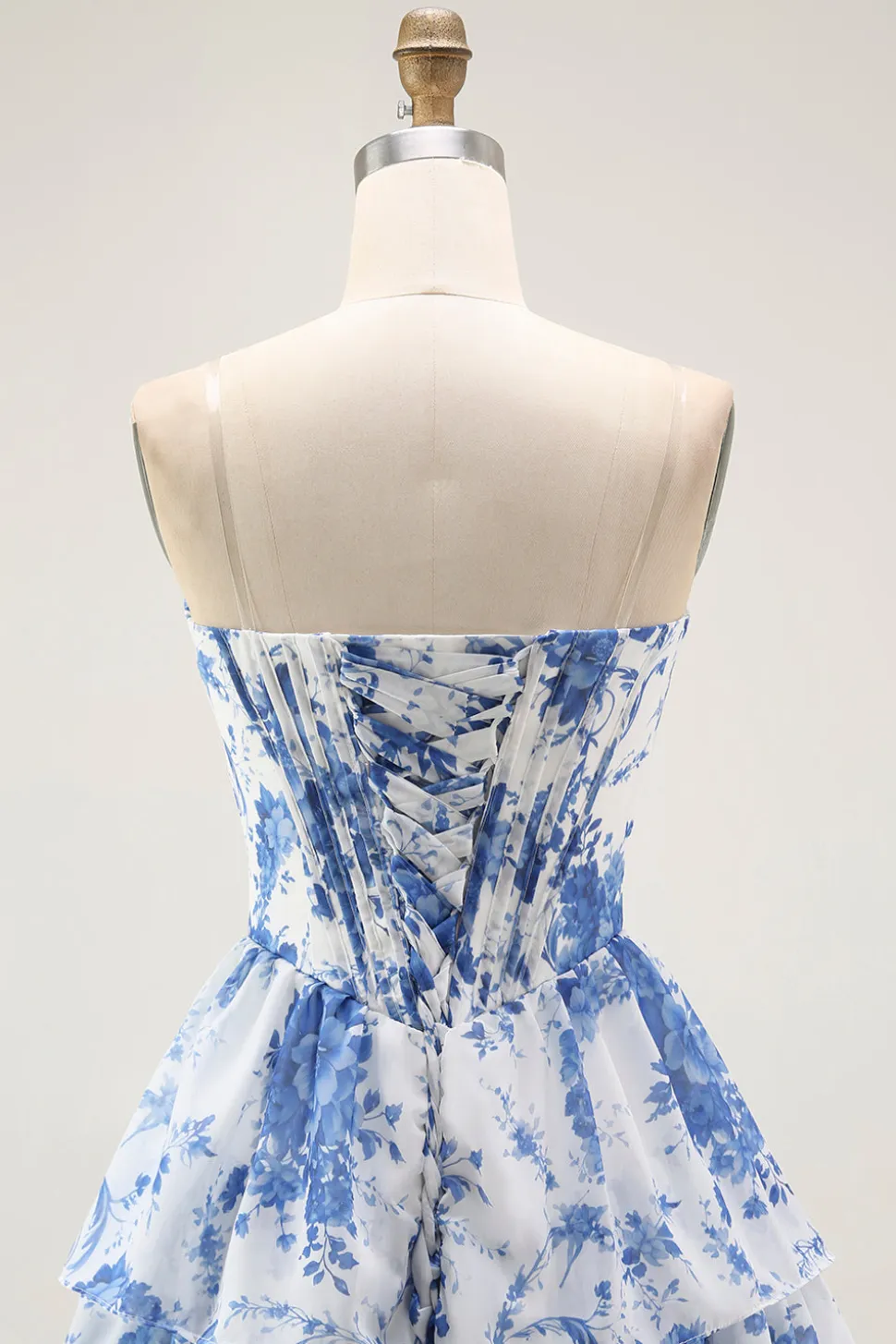 Strapless branco azul flor espartilho A-Line Tiered Ruffle Homecoming Dress