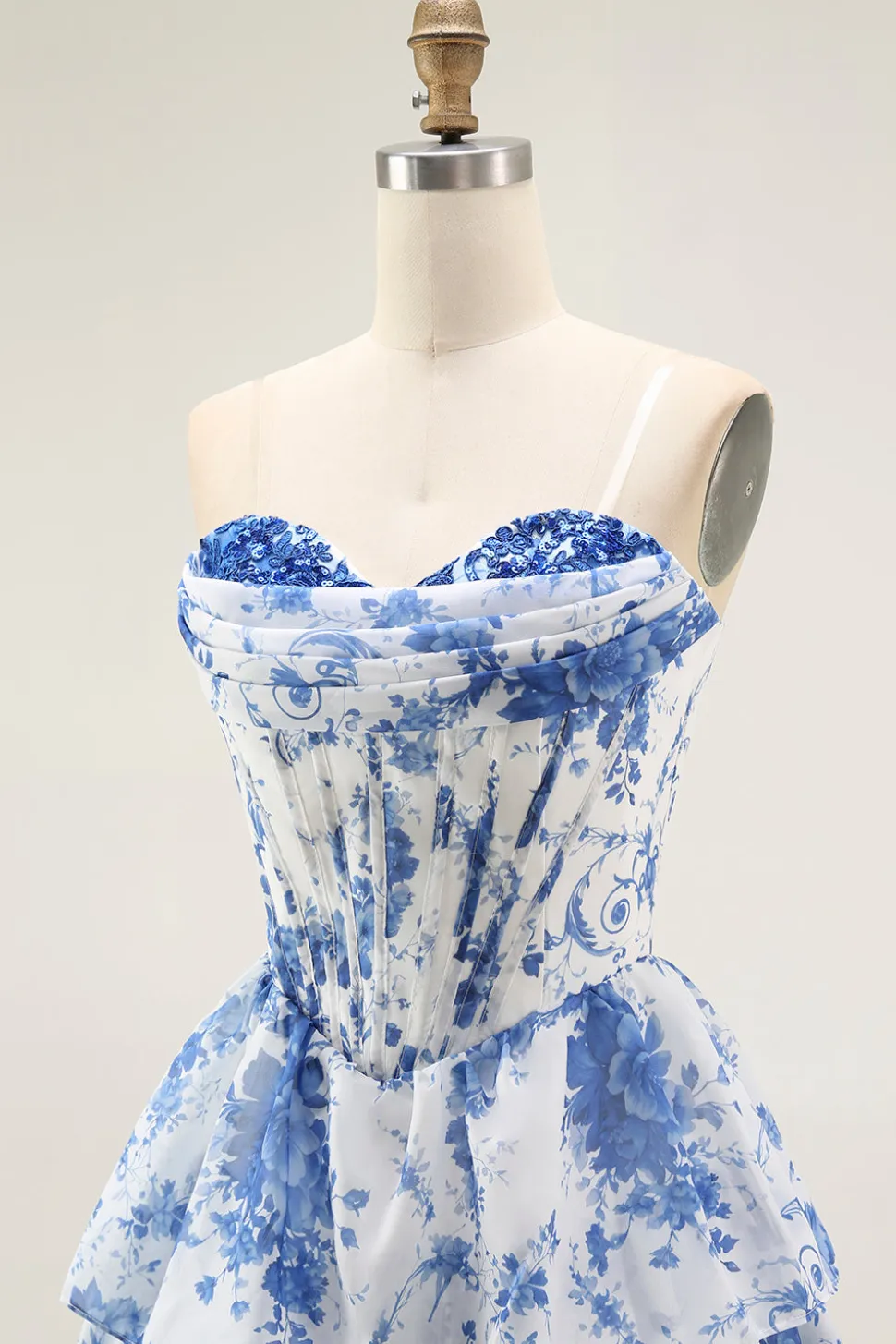 Strapless branco azul flor espartilho A-Line Tiered Ruffle Homecoming Dress