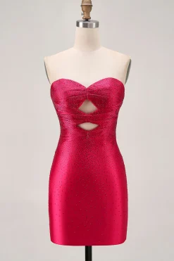 Strapless Cut out Fuchsia frisado vestido apertado Homecoming