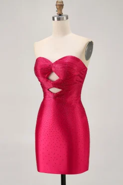 Strapless Cut out Fuchsia frisado vestido apertado Homecoming