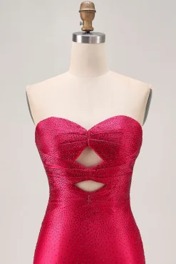 Strapless Cut out Fuchsia frisado vestido apertado Homecoming