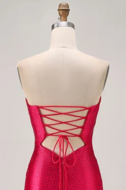 Strapless Cut out Fuchsia frisado vestido apertado Homecoming