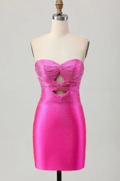Strapless Cut out Fuchsia frisado vestido apertado Homecoming