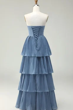 Strapless Dusty Blue A-Line plissado Tiered Long Bridesmaid Dress