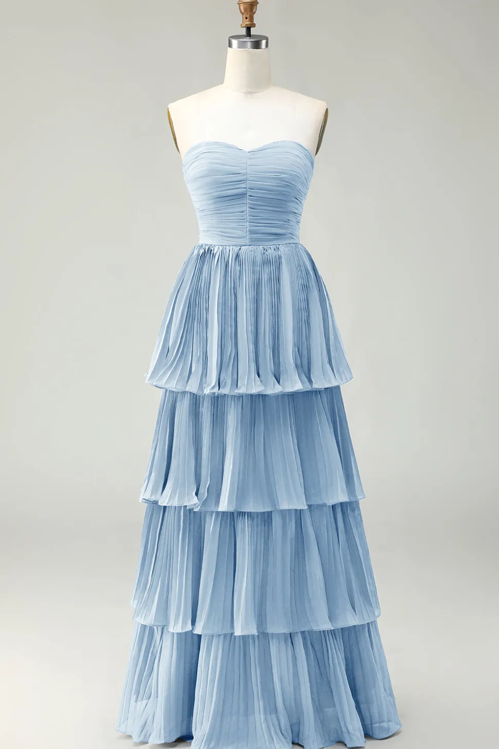 Strapless Dusty Blue A-Line plissado Tiered Long Bridesmaid Dress