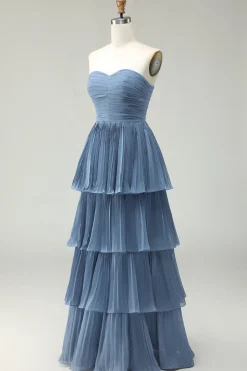 Strapless Dusty Blue A-Line plissado Tiered Long Bridesmaid Dress