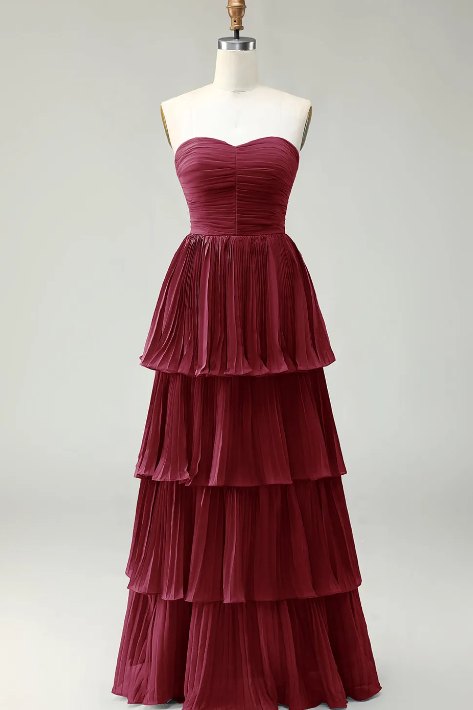 Strapless Dusty Blue A-Line plissado Tiered Long Bridesmaid Dress