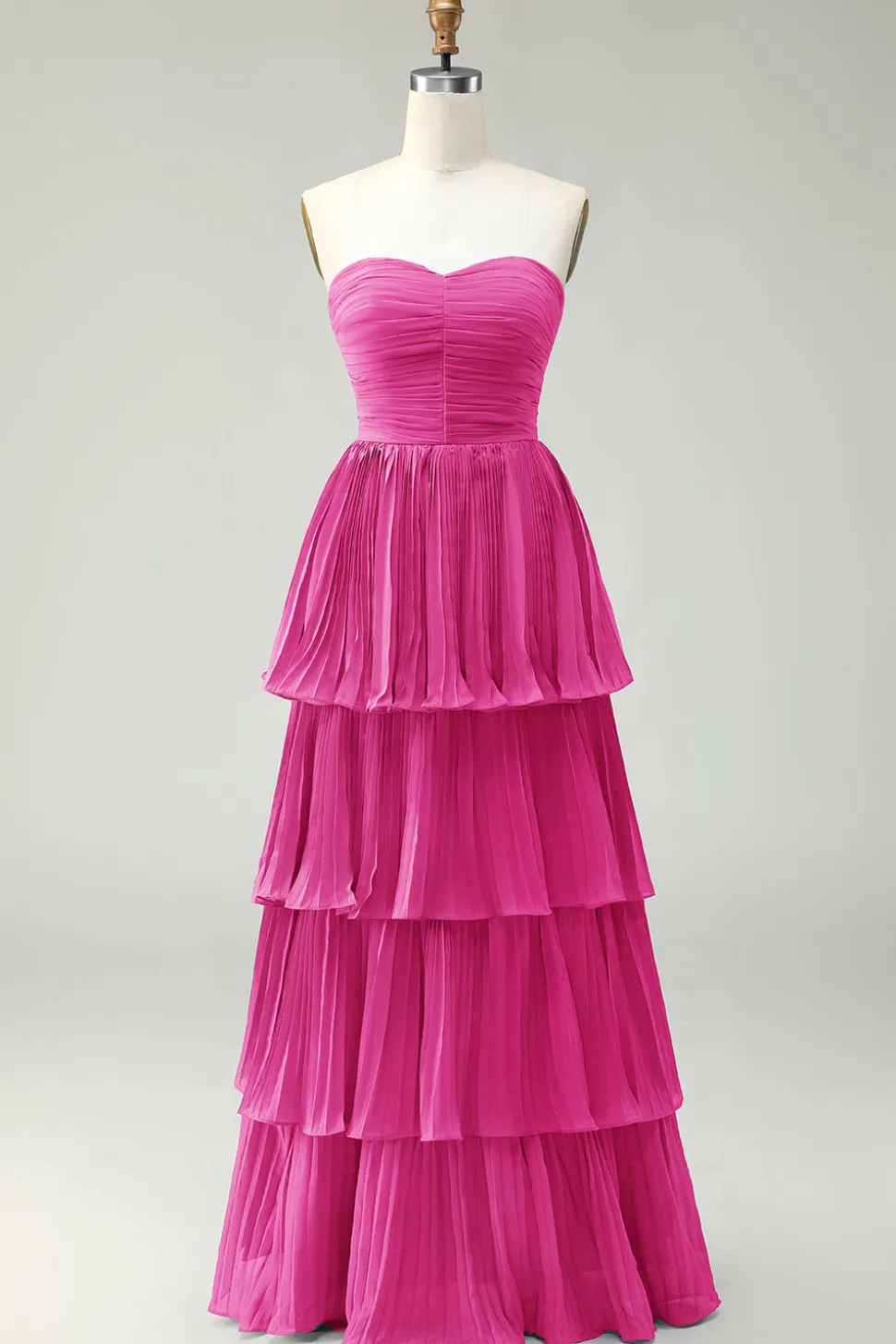 Strapless Dusty Blue A-Line plissado Tiered Long Bridesmaid Dress