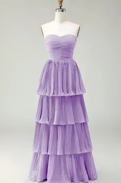 Strapless Dusty Blue A-Line plissado Tiered Long Bridesmaid Dress