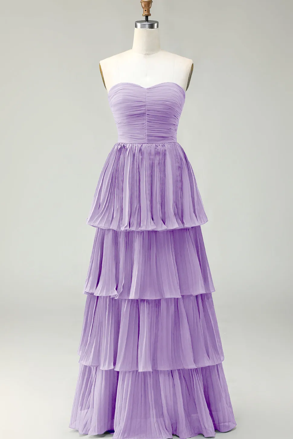 Strapless Dusty Blue A-Line plissado Tiered Long Bridesmaid Dress