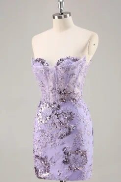 Strapless friso bodycon vestido roxo Homecoming com apliques
