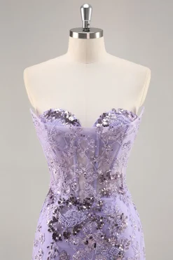 Strapless friso bodycon vestido roxo Homecoming com apliques
