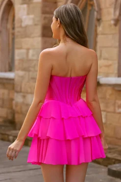 Strapless Fuchsia Corset Tiered A Line Short Homecoming Dress