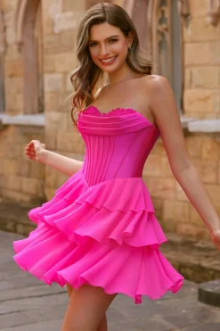 Strapless Fuchsia Corset Tiered A Line Short Homecoming Dress
