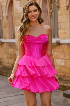 Strapless Fuchsia Corset Tiered A Line Short Homecoming Dress