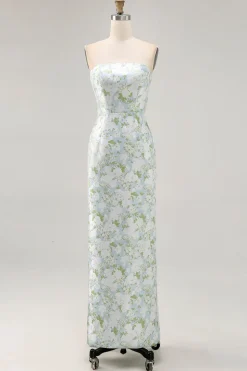 Strapless impresso branco azul bainha flor vestido dama de honra