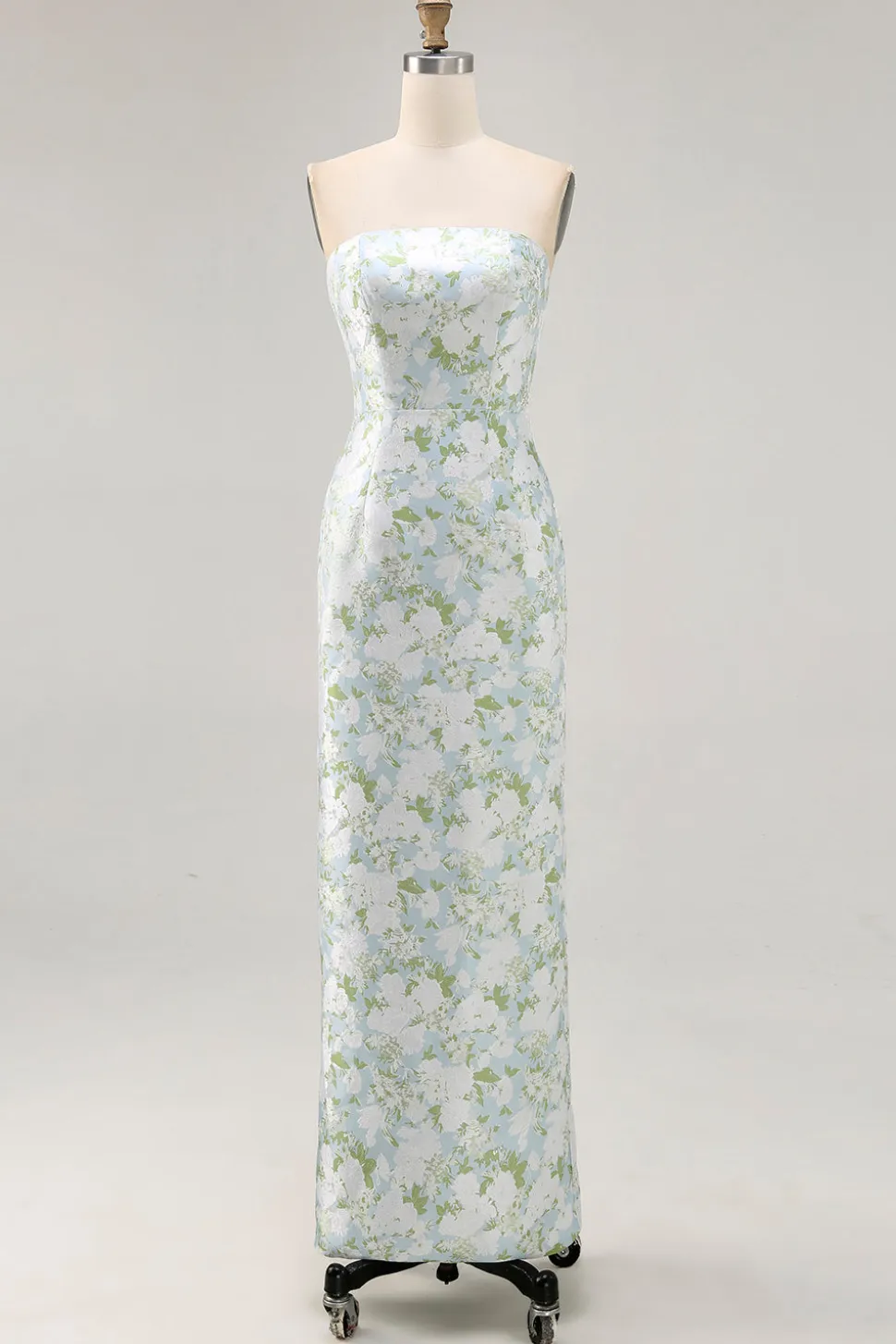 Strapless impresso branco azul bainha flor vestido dama de honra