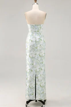 Strapless impresso branco azul bainha flor vestido dama de honra