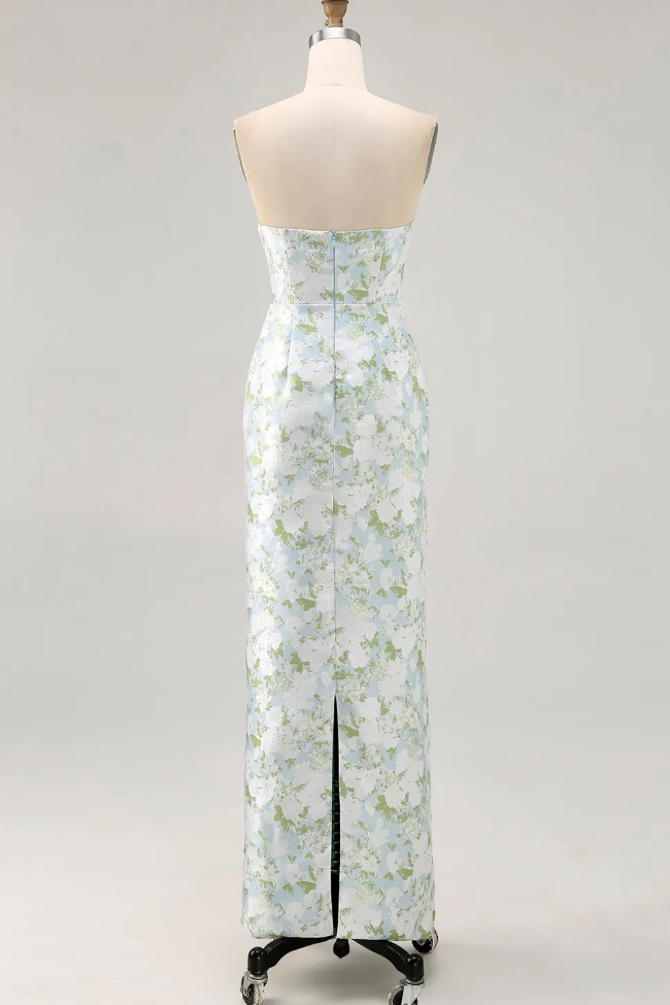 Strapless impresso branco azul bainha flor vestido dama de honra