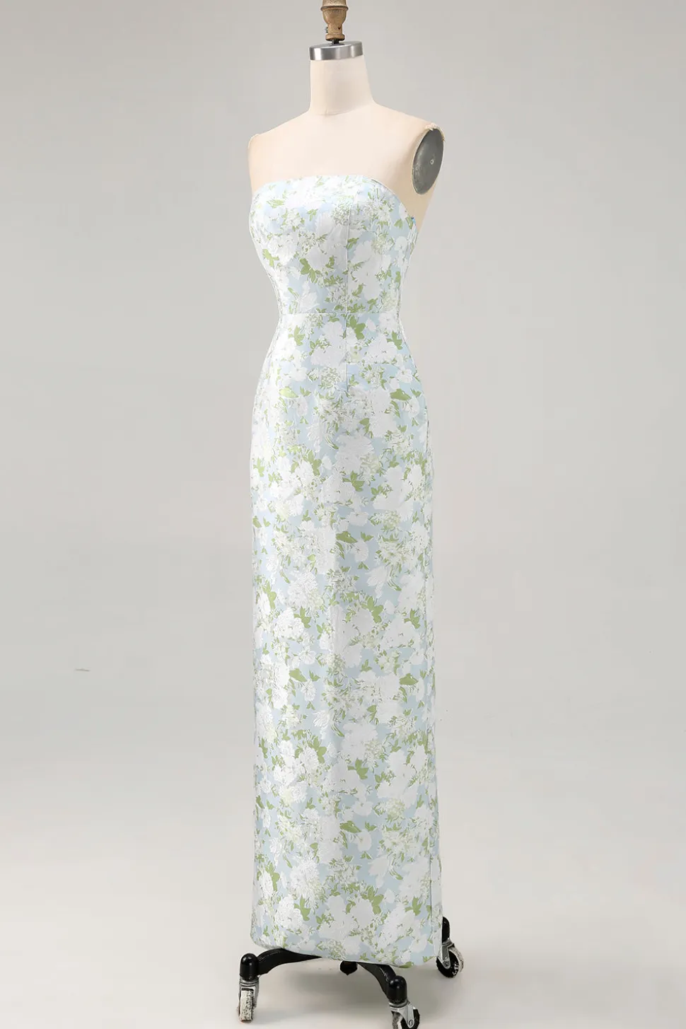 Strapless impresso branco azul bainha flor vestido dama de honra