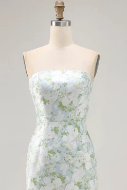Strapless impresso branco azul bainha flor vestido dama de honra