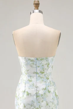 Strapless impresso branco azul bainha flor vestido dama de honra