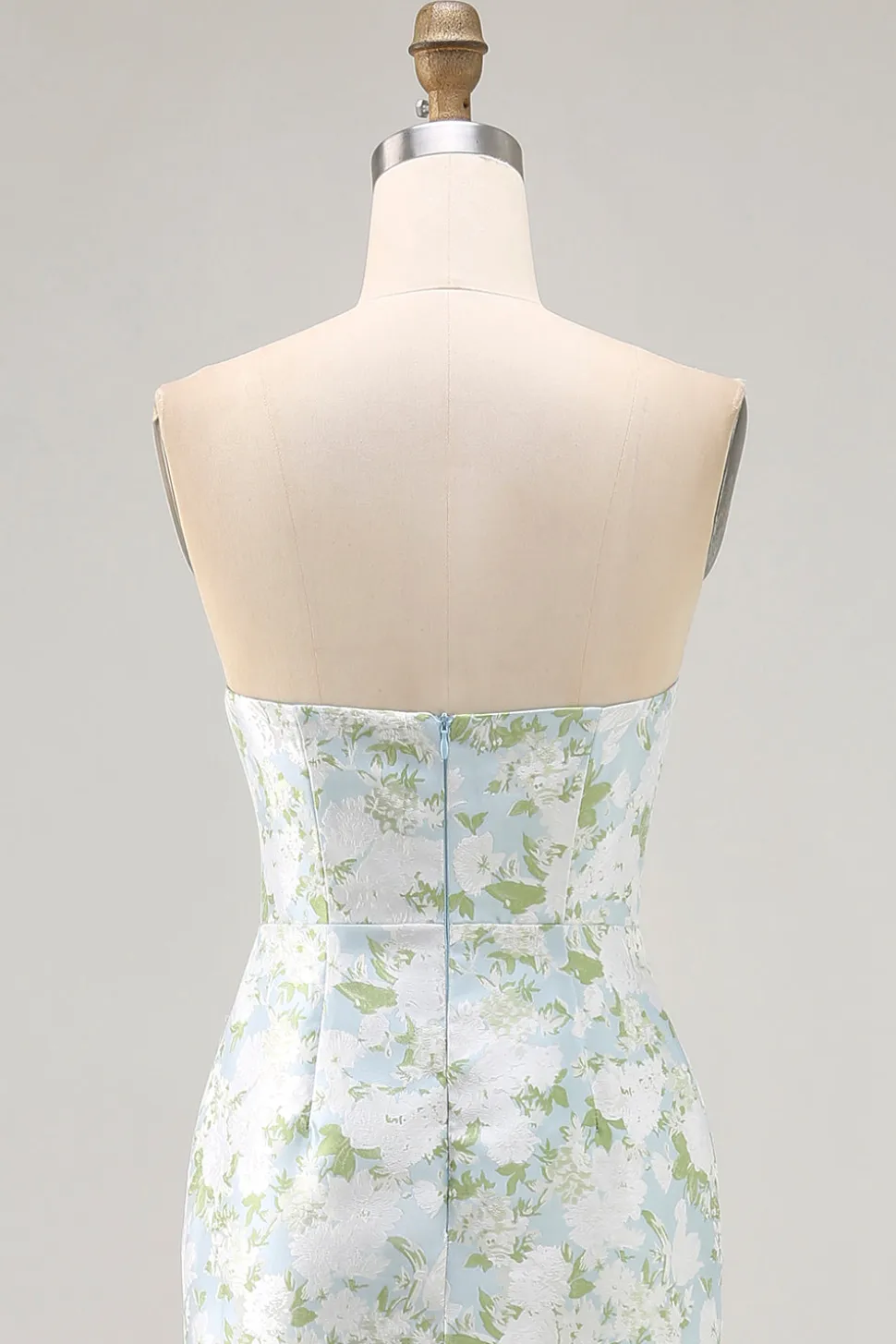 Strapless impresso branco azul bainha flor vestido dama de honra
