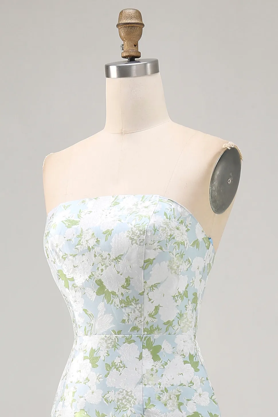 Strapless impresso branco azul bainha flor vestido dama de honra